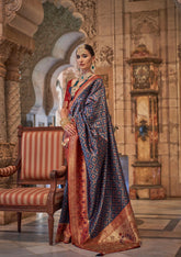Royal Blue contrasting blouse on Jacquard Weaved Banarasi Design saree With Stone Work | Banarasi Saree